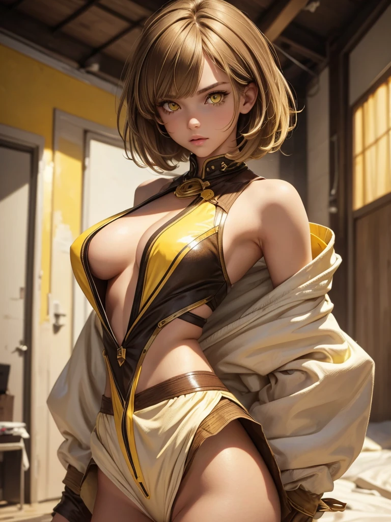 (best quality), 1girl, female, young, white skin, (brown hair), blonde highlights, short hair, swept fringe, messy hair, (yellow eyes), perfect eyes, stylish clothes, slender, masterpiece, anatomically correct, highres
