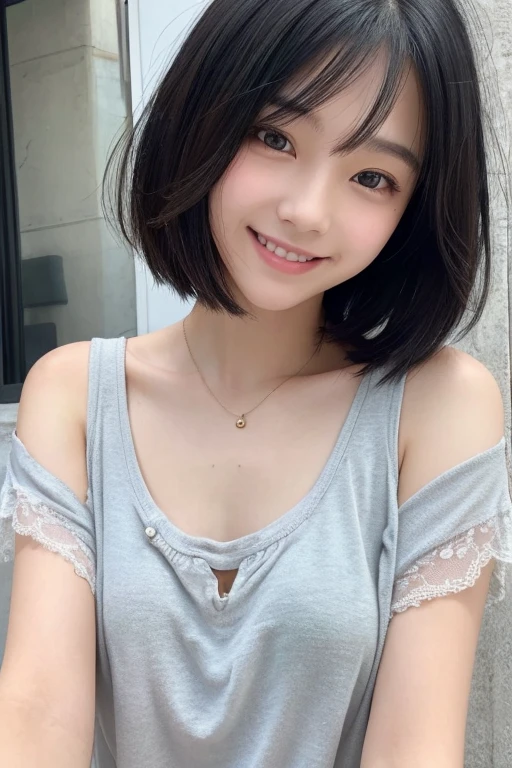 beautiful girl、Have super fair skin。With drooping eyes、Wearing tattered clothing that reveals a lot of skin。With short hair、All black hair。With a smile、Please draw a portrait of a slender woman.。