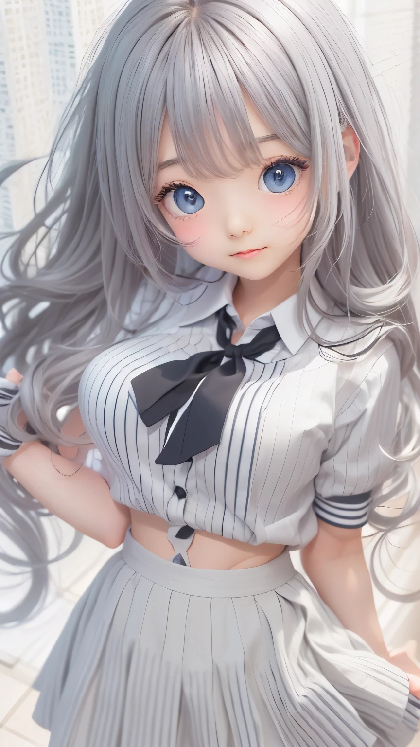 cute face, ((masterpiece, Highest quality)), (One girl), (alone), (Focus on women), (Ahoge, Gray Hair, Very long hair), Golden Eyes, A light smile, Open your mouth, ((White shirt), (Buttoned shirt), (Button gap)), ((Black Skirt), (Short skirt)), Are standing, White Background, Put your arms behind your back, Dynamic Angle,