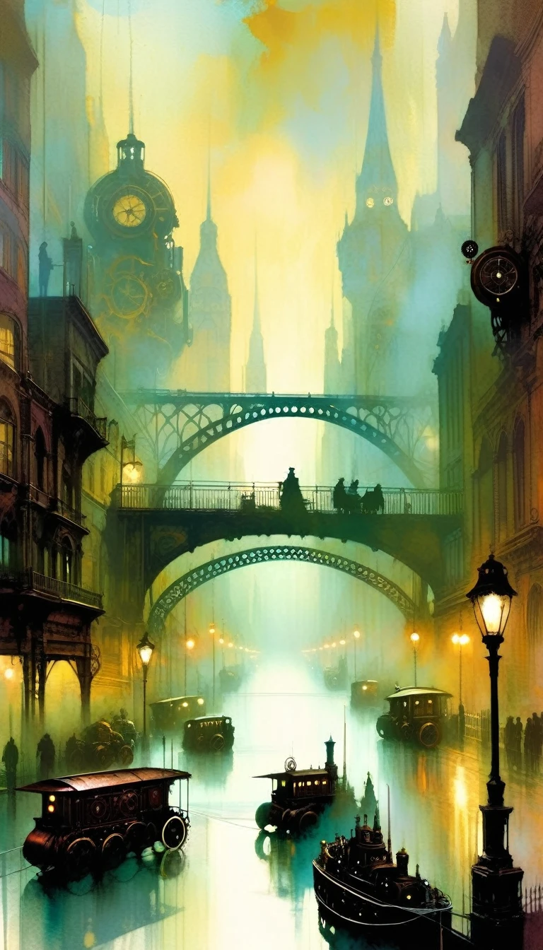(steampunk:1.5), city street landscape, bridges, fog, art inspired by Bill Sienkiewicz.