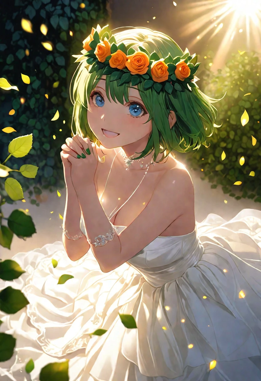 (Tabletop), sexy、Natural light, Realistic, Put the spotlight on a person、Dazzling Light、Diffused glow, Depth of written border, Big eyes、Professional Lighting、green rose tiara、blue eyes、Her hair is orange、Short Bob、bride、White Wedding Dress、Nakano Yotsuba、Background is green roses、Dancing Green Leaves