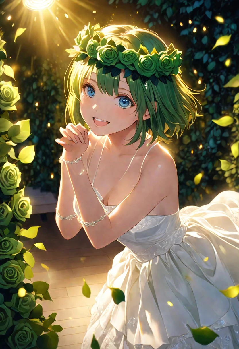 (Tabletop), sexy、Natural light, Realistic, Put the spotlight on a person、Dazzling Light、Diffused glow, Depth of written border, Big eyes、Professional Lighting、green rose tiara、blue eyes、Her hair is orange、Short Bob、bride、White Wedding Dress、Nakano Yotsuba、Background is green roses、Dancing Green Leaves
