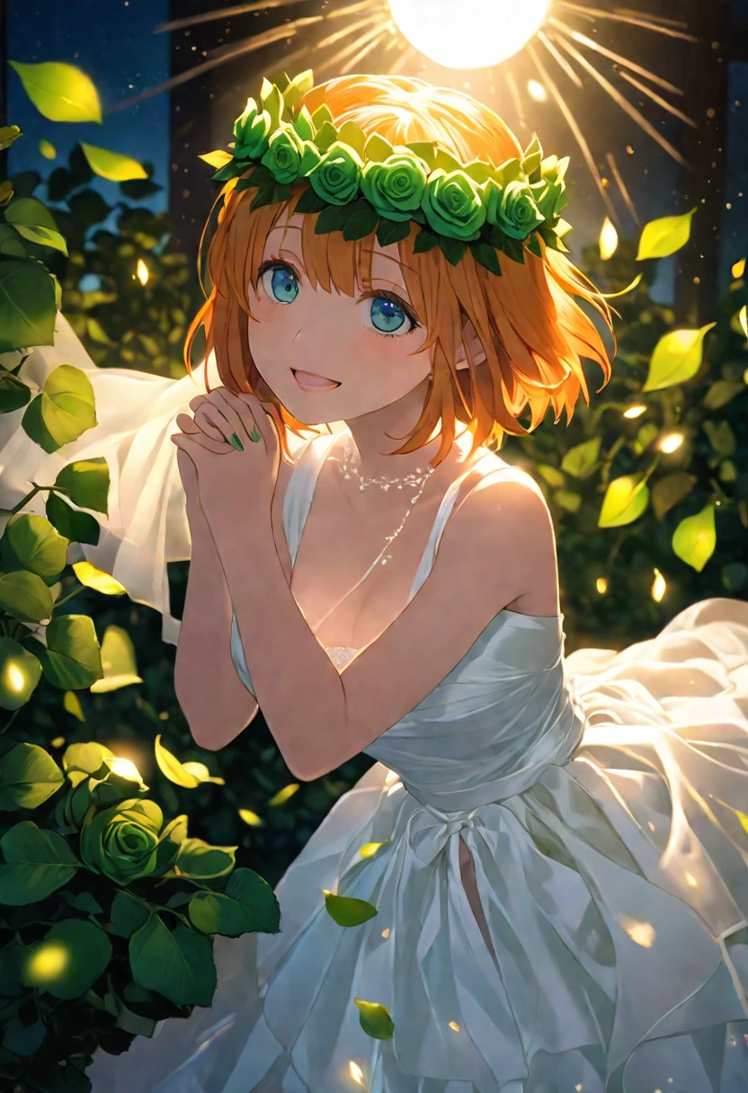(Tabletop), sexy、Natural light, Realistic, Put the spotlight on a person、Dazzling Light、Diffused glow, Depth of written border, Big eyes、Professional Lighting、green rose tiara、blue eyes、Her hair is orange、Short Bob、bride、White Wedding Dress、Nakano Yotsuba、Background is green roses、Dancing Green Leaves