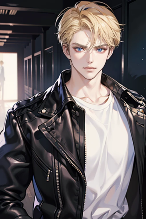 (tmasterpiece, high resolution, ultra - detailed:1.0), (1 boy, Young male, masculine face), Perfect male body, Adult male, Delicate eyes and delicate face, Extremely detailed CG, Unity 8k wallpaper, Complicated details, Detailed face, (blond hair, messy hair, serious faces, white T-shirt,Bad students), (frown,evil smile:1.3), hand in pocket, school corridor,black leather jacket, color difference, Depth of field, dramatic shadow, Ray tracing, Best quality, Cinematic lighting, offcial art,Portrait