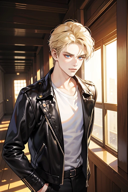 (tmasterpiece, high resolution, ultra - detailed:1.0), (1 boy, Young male, masculine face), Perfect male body, Adult male, Delicate eyes and delicate face, Extremely detailed CG, Unity 8k wallpaper, Complicated details, Detailed face, (blond hair, messy hair, serious faces, white T-shirt,Bad students), (frown,evil smile:1.3), hand in pocket, school corridor,black leather jacket, color difference, Depth of field, dramatic shadow, Ray tracing, Best quality, Cinematic lighting, offcial art,Portrait
