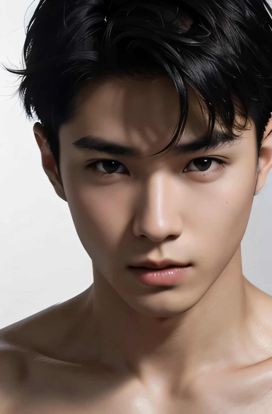good looking　Japanese male model, 19 years old　Black Hair　short hair　trimming　Baby Face　Staring straight into the camera with a stern look　Beautiful Skin　slim and muscular　intense　My eyes are watery　Blushing Front　　Gray tone plain background　background none　No underwear 　Half Body
