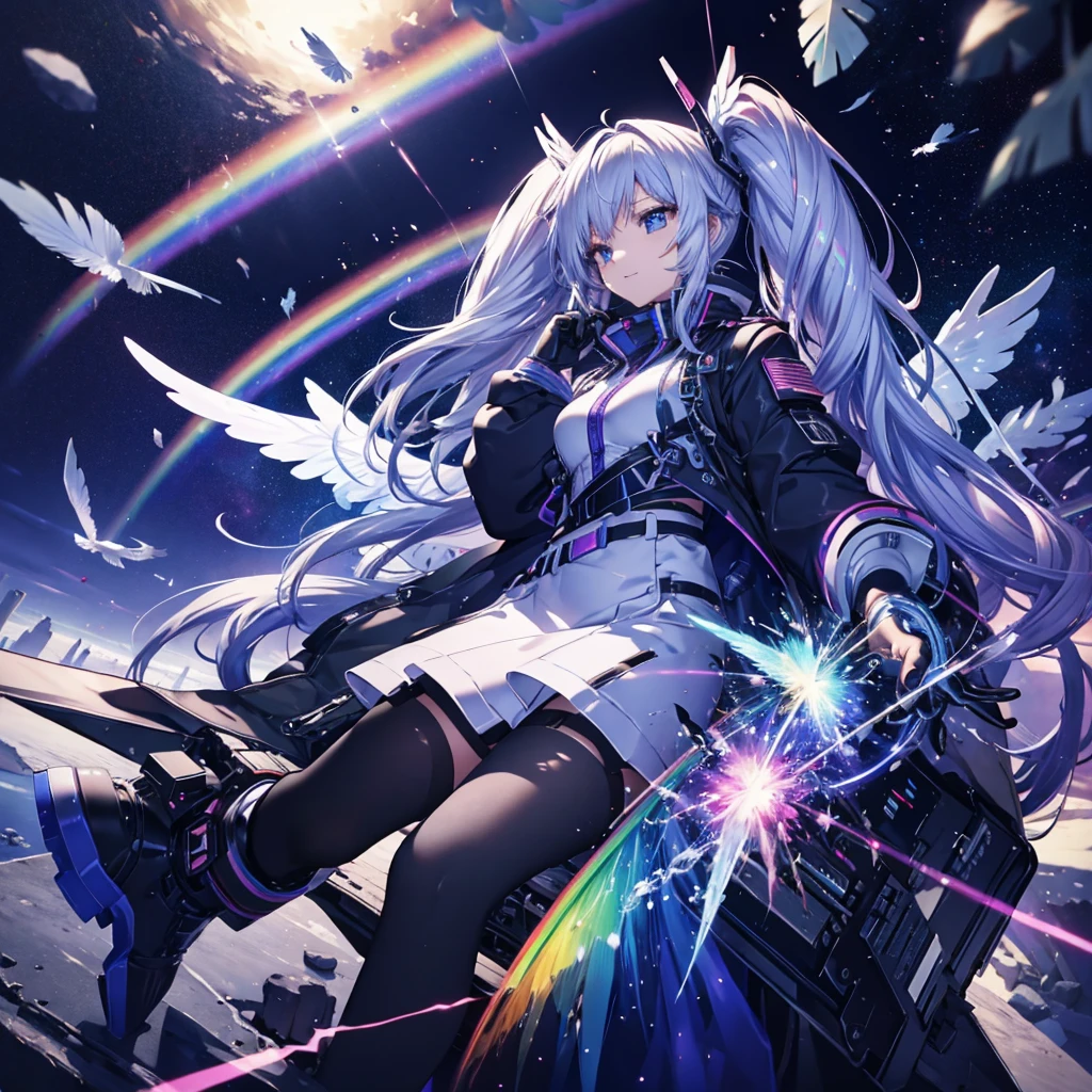((Archangel　Fantasy　Rainbow Hair　Make your hair rainbow-colored on the inside　Twin tails　Dull blue eyes　Has a galaxy　uniform　Put on a coat without putting your arms through it　Wings many times larger than mine　rainbow gradient feathers　Digital Wings　cyber punk　Smiling Kindly　front))　((tears　gloves))　(Broken glass　Rolling Pebbles　Distorted Space-Time　star)　Catch the wind　milky way　Shining Background　Particles of light, rainbow colored edges　Shining Edge　star
