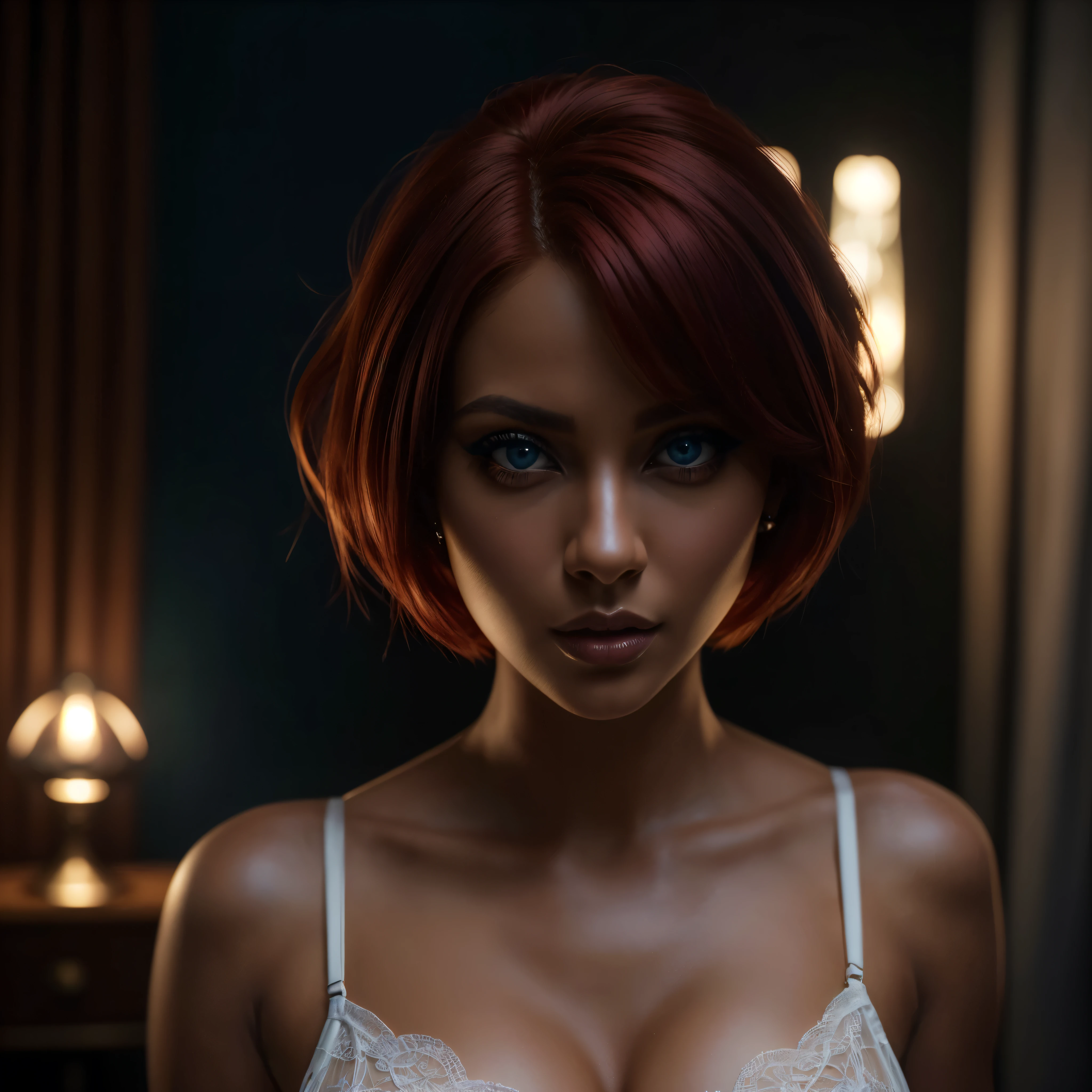 a very beautiful woman with dark skin, red hair in a bob hairstyle, expressive blue eyes, wearing white lace lingerie, in a bedroom setting with a sexy and erotic atmosphere,(best quality,4k,8k,highres,masterpiece:1.2), ultra-detailed,(realistic,photorealistic,photo-realistic:1.37),portrait,glamorous,dramatic lighting,cinematic,chiaroscuro HDMI, HDRI, UDHD,(( Scatter effect)), (( volume effect 1.1)), (( Depth sharpness 1.1)), ((fisheye lens)).(perfect details: 1.1), (beautiful and clear background: 1.2), (extremely detailed CG, ultra detailed, best shadow: 1.1), (finely detailed beautiful eyes) , (full-length 1.1)