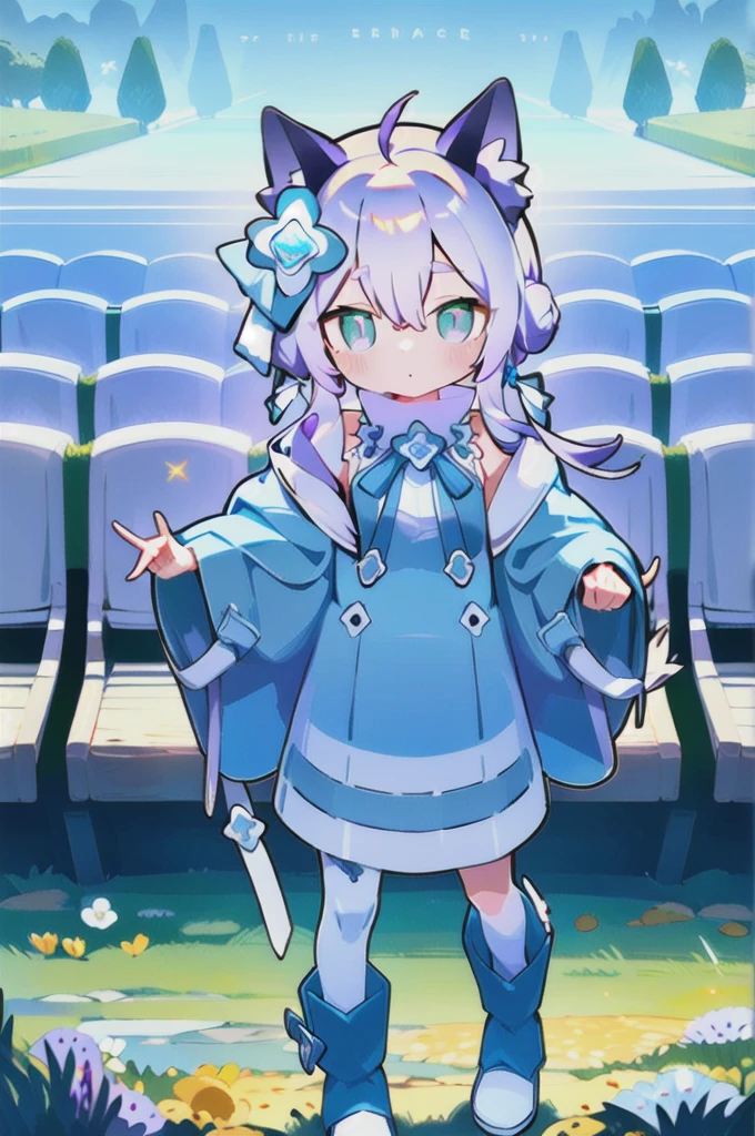 masterpiece, Highest quality,alone,Watching the audience, Outdoor,Flower Field,Are standing, Green Eyes, Purple eyes, Green Eyes, White Hair Band, Cat ear,Very long hair, Gray purple hair,hair ornaments,Small breasts, Blue coat,Blue ankle garters, Blue ankle garters, White thigh-high boots, 