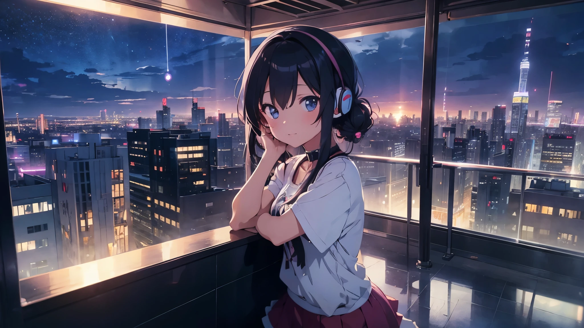 Anime girl listening to music on the rooftop of a skyscraper in the city late at night, Nightcore, lo-fi girl, Anime atmosphere, Lofi art style, Anime Style 4 k, Anime Style. 8k, beautiful Anime Style, pixiv style, Lo-fi feel, Lo-fi art, Lobby atmosphere, Anime Aesthetics, Lobby atmosphere