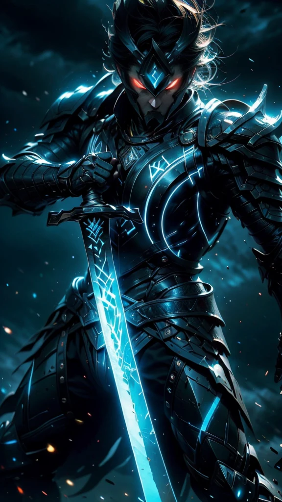 A fierce warrior in full white armor, wearing a large black circle symbol on his chest, wielding a big sword, dynamic battle-ready pose, highly detailed armor textures, sharp sword, dramatic stormy sky background, vivid colors, masterpiece, 8k, photorealistic, chiaroscuro lighting, strong contrast, cinematic composition