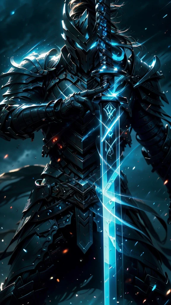 A fierce warrior in full white armor, wearing a large black circle symbol on his chest, wielding a big sword, dynamic battle-ready pose, highly detailed armor textures, sharp sword, dramatic stormy sky background, vivid colors, masterpiece, 8k, photorealistic, chiaroscuro lighting, strong contrast, cinematic composition