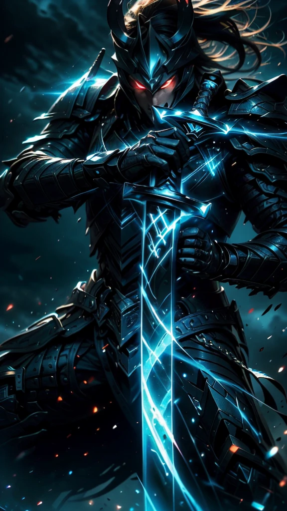 A fierce warrior in full white armor, wearing a large black circle symbol on his chest, wielding a big sword, dynamic battle-ready pose, highly detailed armor textures, sharp sword, dramatic stormy sky background, vivid colors, masterpiece, 8k, photorealistic, chiaroscuro lighting, strong contrast, cinematic composition