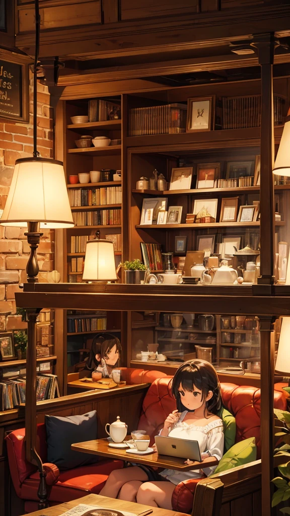 llustrate a cozy café scene with softly glowing lamps, steaming mugs of tea or coffee, and characters relaxing with books or laptops amidst shelves of vintage vinyl records