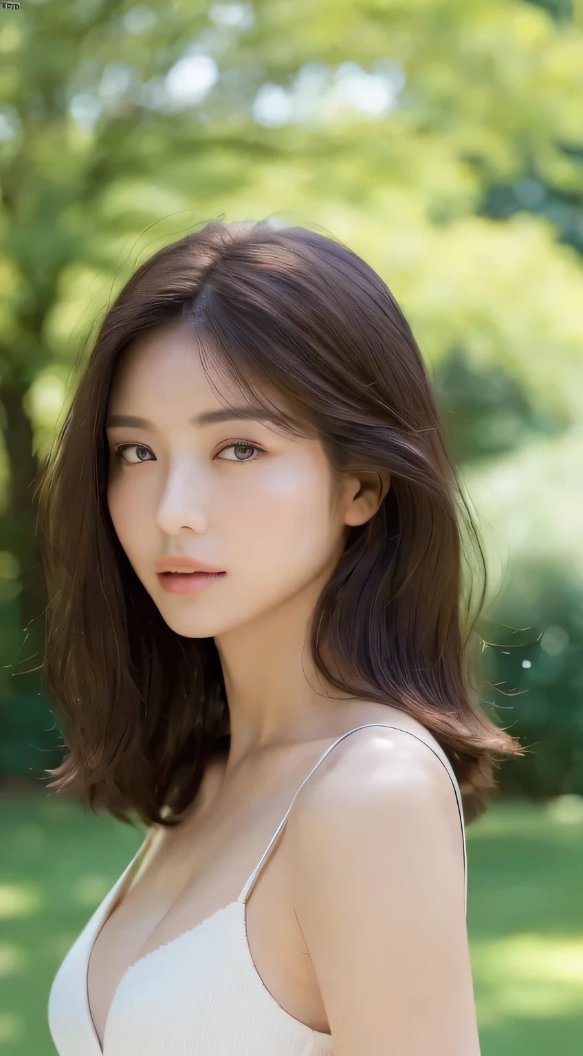 ((top-quality、8k、masterpiece:1.3))、sharp focus:1.2、Perfect Body Beauty:1.4、((dark brown hair、Small breasts:1.2))、(natural soft light、a park:1.1)、Highly detailed facial and skin texture、A detailed eye、double eyelid、The upper part of the body、Emphasis chest(((dynamicposes)))