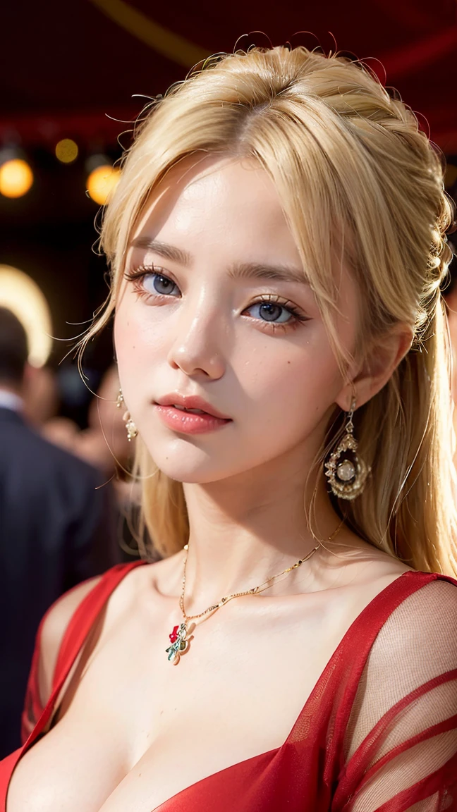 ((Highest quality, 8k, masterpiece :1.3)), Sharp focus :1.2, Beautiful woman with perfect figure :1.4, Slim Abs :1.2, ((Big Breasts, Emphasize cleavage:1.3)), (Photorealistic:1.4), (realistic:1.4), Highly detailed face and skin texture, Fine grain, double eyelid. Makeup face. A little bit of lipstick, necklace, Earrings, sex appeal, Sexy gravure pose, ((Beauty in a red dress。The background is the festival。The expression is a happy smile。Her hair is long and blonde.。:1.3)
