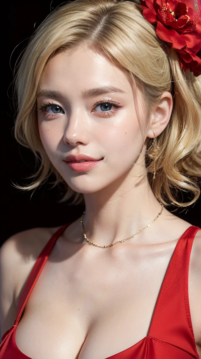 ((Highest quality, 8k, masterpiece :1.3)), Sharp focus :1.2, Beautiful woman with perfect figure :1.4, Slim Abs :1.2, ((Big Breasts, Emphasize cleavage:1.3)), (Photorealistic:1.4), (realistic:1.4), Highly detailed face and skin texture, Fine grain, double eyelid. Makeup face. A little bit of lipstick, necklace, Earrings, sex appeal, Sexy gravure pose, ((Beauty in a red dress。The background is the festival。The expression is a happy smile。Her hair is long and blonde.。:1.3)