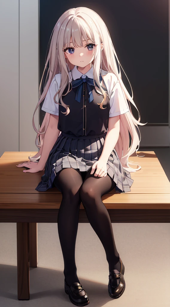 (8k、Best image quality、Highest quality、masterpiece)、One Girl、((Full body))、Sitting on the floor、White panties are visible、Long Hair、Wavy Hair、blush、Moderate bust、White collared shirt、Short sleeve、((Plaid pleated mini skirt))、Cowboy Shot、Classroom Background、((black tights))、Black Pantyhose、((No shoes))