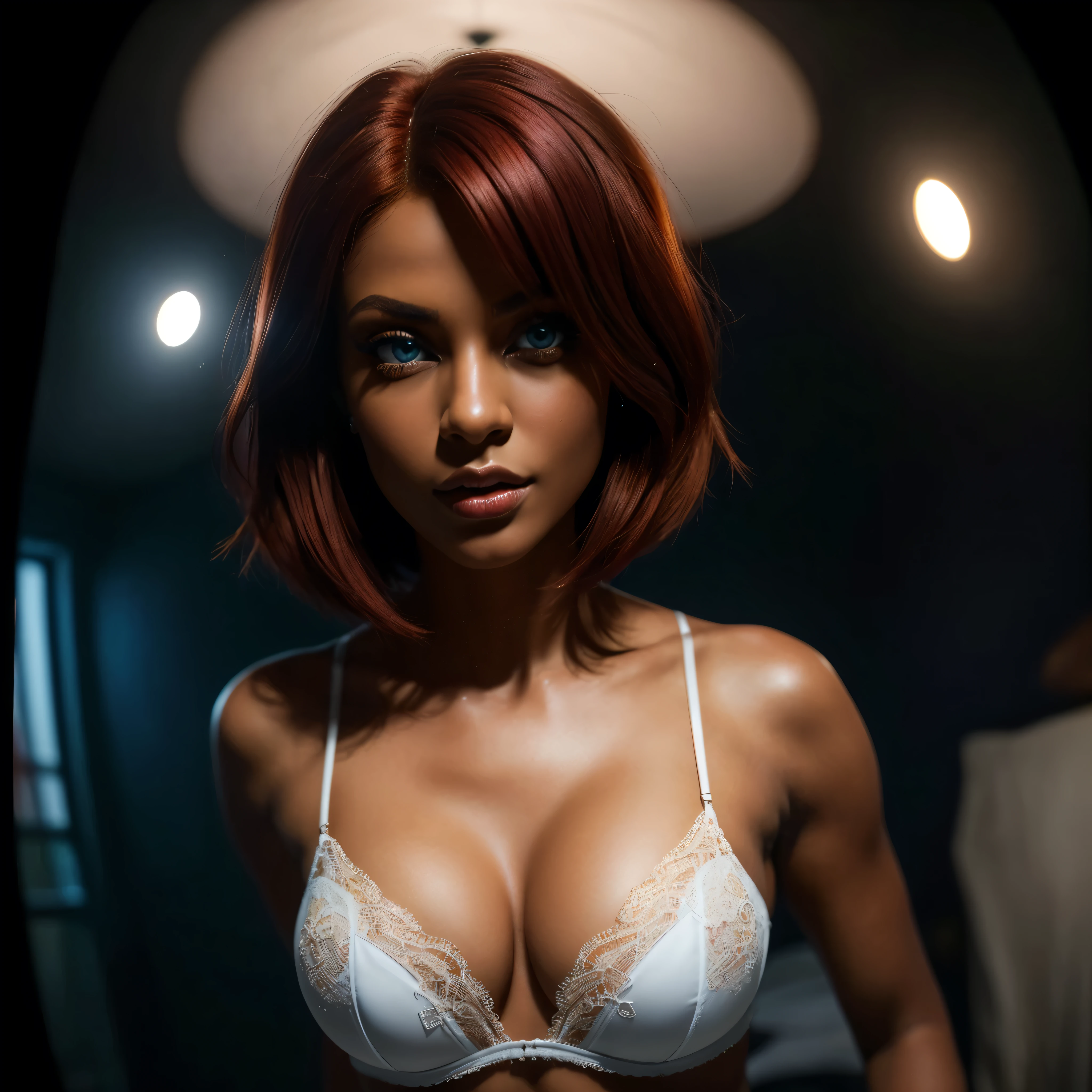 a very beautiful woman with dark skin, red hair in a bob hairstyle, expressive blue eyes, (( beautiful eyes)), juicy body, perfect body, (( whole body)), wearing white lace lingerie, in a bedroom setting with a sexy and erotic atmosphere,(best quality,4k,8k,highres,masterpiece:1.2),ultra-detailed,(realistic,photorealistic,photo-realistic:1.37),portrait,glamorous,dramatic lighting,cinematic,chiaroscuro HDMI, HDRI, UDHD,(( Scatter effect)), (( volume effect 1.1)), (( Depth of field 1.1)), (( fisheye lens)).(perfect details: 1.1), (beautiful and clear background: 1.2), ( extremely detailed CG, ultra detailed, best shadow: 1.1), (((finely detailed beautiful eyes))), (full length 1.1)