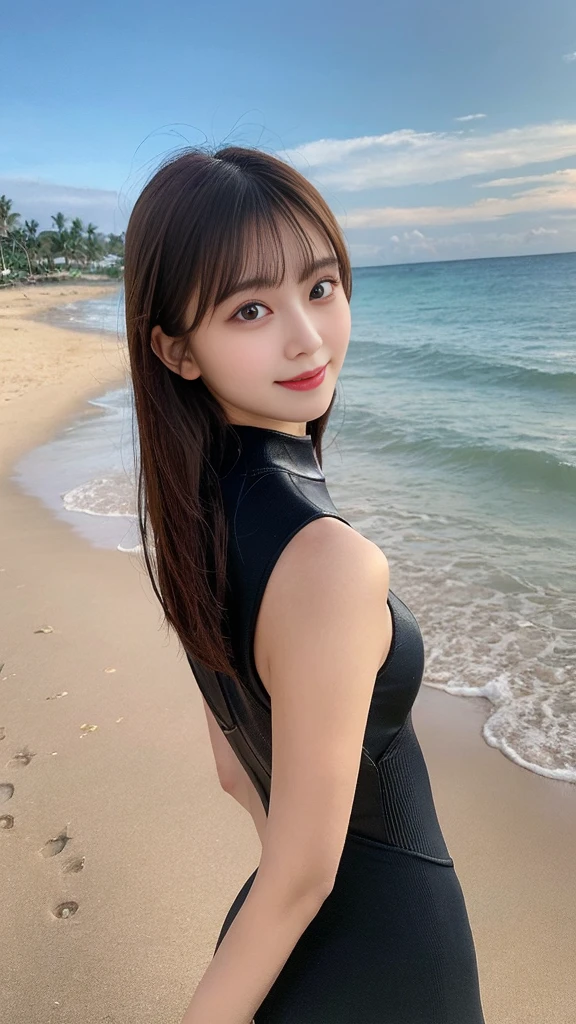 Highest quality, shape, Very detailed, finely, High resolution, 8k wallpaper, Perfect dynamic composition, Beautiful and detailed, Straight hair, Small breasts, Natural color lip, Random sexy poses,smile,20-year-old girl、Beautiful and elaborate face、Perfect and beautiful face,Big eyes、RAW Photos、Expressing feminine poses with the whole body、Beautiful and detailed、Small face、Beautiful Duplex、Slim face and figure,Bright expression,Shooting with a focus on beautiful legs,surfing、Wearing a wetsuit、Indonesia、Bali、Beach shoot