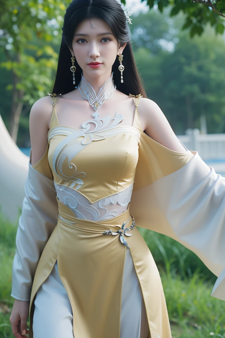 best quality, tmasterpiece,Ultra-high resolution,Clear face,(Reality:1.4),ferpect lighting,(upper body photo), (photorealistic:1.50), anime wallpaper, Guviz style artwork , cover-up fantasy to magic, by Yang J, Guviz, beautiful artwork illustration, beautiful digital artwork, beautiful digital illustration, Li Song, beautiful anime portrait, art style at Beauvot, 1girl,solo, long hair, black hair, hair ornament, Chinese dress, standing, yellow dress, (looking at viwer), garden background, hair ornament, Jewellery, Earrings,