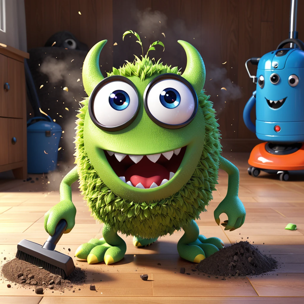 A cute vacuum cleaner monster with a smiling face and big eyes, sucking up dust and debris with enthusiasm. The character is designed in the style of Pixar animation, with a bright and cheerful design, showcasing a playful expression while cleaning. --ar 1:1 --v 6.0 --3D render