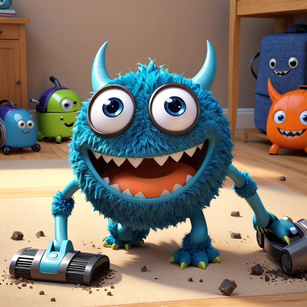 A cute vacuum cleaner monster with a smiling face and big eyes, sucking up dust and debris with enthusiasm. The character is designed in the style of Pixar animation, with a bright and cheerful design, showcasing a playful expression while cleaning. --ar 1:1 --v 6.0 --3D render