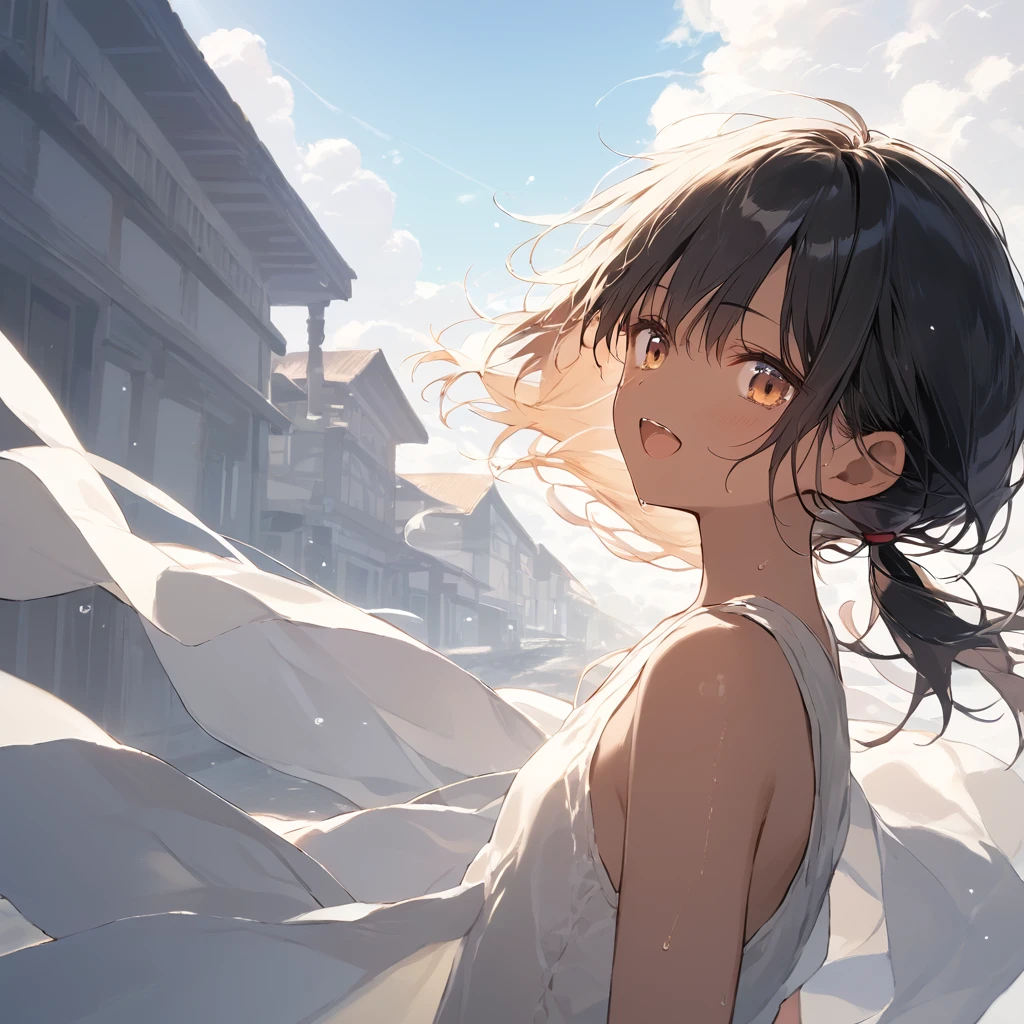 score_9, score_8_up, score_7_up, source_anime, best quality, masterpiece,official art, absurdres, highres, waifu2x,Collection: Slice of Life,break,1girl, tomboy, dark-skinned female, short hair, low ponytail, flat chest, beautiful detailed eyes, short shorts, sweat, open mouth, (yawn:0.3), sleepily, outdoors, wind, break,(clear line illustration:1.2),very high resolution, very aesthetic, super detailed skin, Best sexual lighting powered by famous artist, 8k,cute picture,beauty illustration,photoshop_(medium),,(Detailed Lighting),best anime 8k konachan wallpaper, pixiv contest winner,