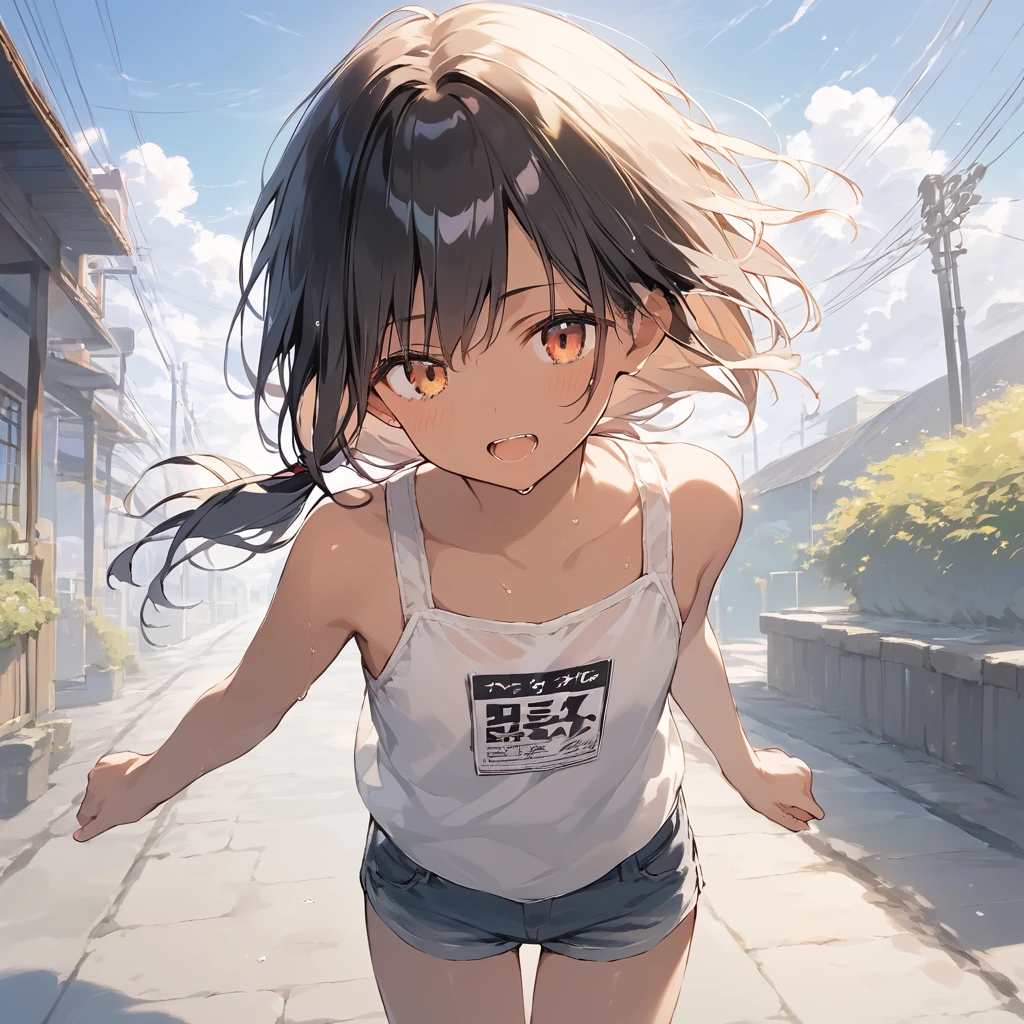 score_9, score_8_up, score_7_up, source_anime, best quality, masterpiece,official art, absurdres, highres, waifu2x,Collection: Slice of Life,break,1girl, tomboy, dark-skinned female, short hair, low ponytail, flat chest,  beautiful detailed eyes, short shorts, sweat, open mouth, (yawn:0.3), sleepily, outdoors, wind, break,(clear line illustration:1.2),very high resolution, very aesthetic, super detailed skin, Best sexual lighting powered by famous artist, 8k,cute picture,beauty illustration,photoshop_(medium),,(Detailed Lighting),best anime 8k konachan wallpaper, pixiv contest winner, 