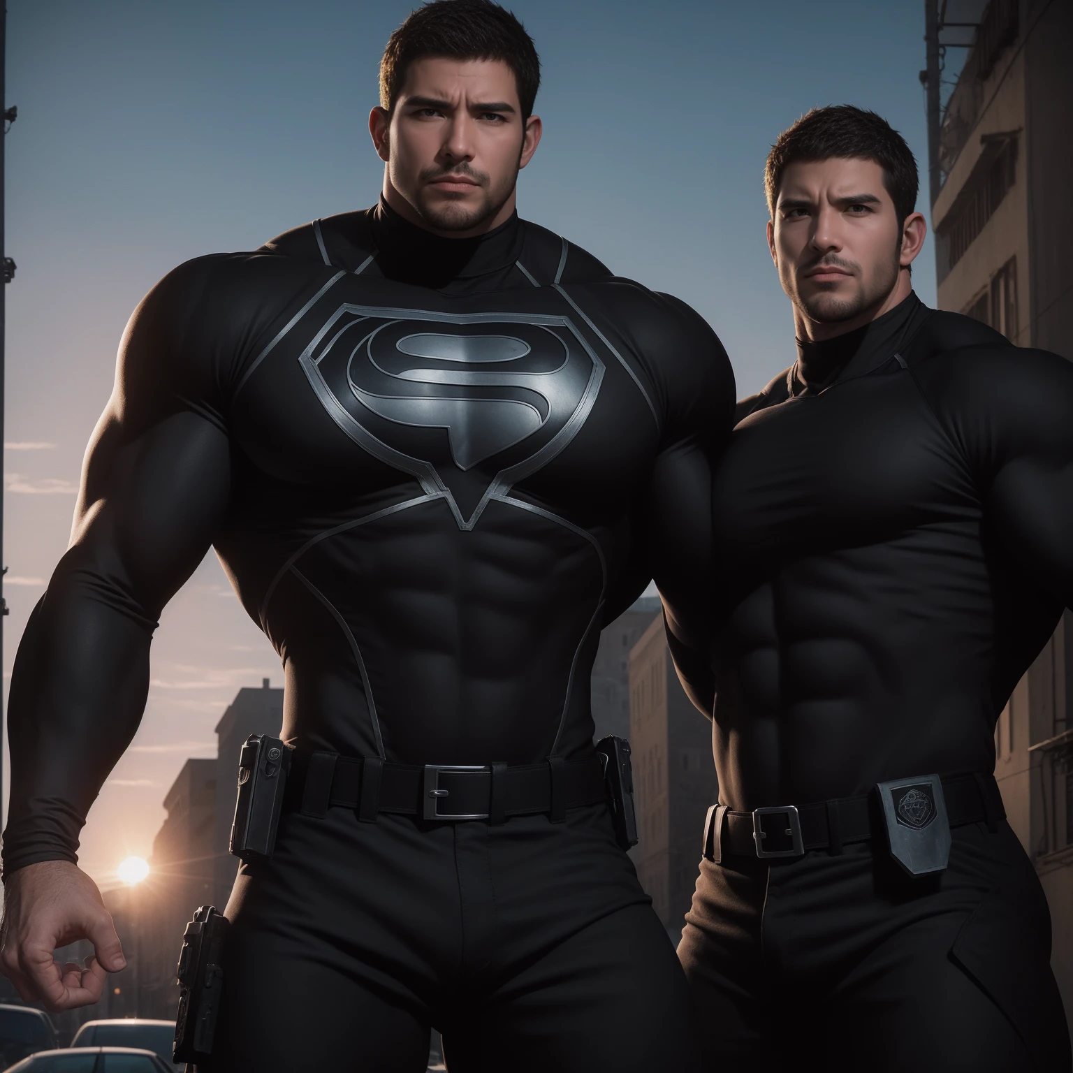 1名Angry super muscular man, short hair,On a vintage outdoor street under the hot sun, Wear long sleeve dark brown superhero black panther tights, Dark brown texture,The expression is arrogant, Thick thighs, Messy hair, Thick thighs, Turtleneck Long Sleeve Dark Brown Superhero Bodysuit, very tight, Regular symmetrical pattern, High targetlight muscles, Police uniform pants, character concept(Resident Evil - Chris Redfield, Chris Redfield)A proud expression, Deep and charming eyes, Heroic male pose, tall Burly, muscular!muscular thighs, Tough Guy, Perfect facial features, High target, Burly, Heqiang, Super exquisite and cool, High target Resolution Committee, Charming, The sun is blazing, Dazzling