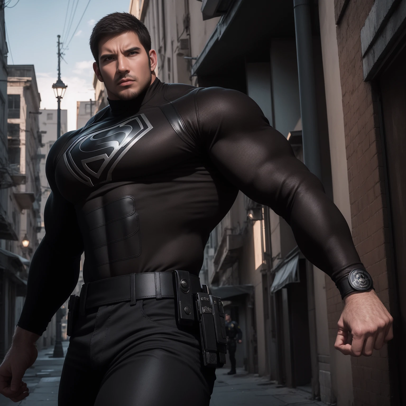 1名Angry super muscular man,  short hair，On a vintage outdoor street under the hot sun, Wear long sleeve dark brown superhero black panther tights, Dark brown texture，The expression is arrogant, Thick thighs, Messy hair, Thick thighs, Turtleneck Long Sleeve Dark Brown Superhero Bodysuit, very tight, Regular symmetrical pattern, High targetlight muscles, Police uniform pants, character concept（Resident Evil - Chris Redfield, Chris Redfield）A proud expression, Deep and charming eyes, Heroic male pose, tall Burly, muscular！muscular thighs, Tough Guy, Perfect facial features, High target, Burly, Heqiang, Super exquisite and cool, High target Resolution Committee, Charming, The sun is blazing, Dazzling