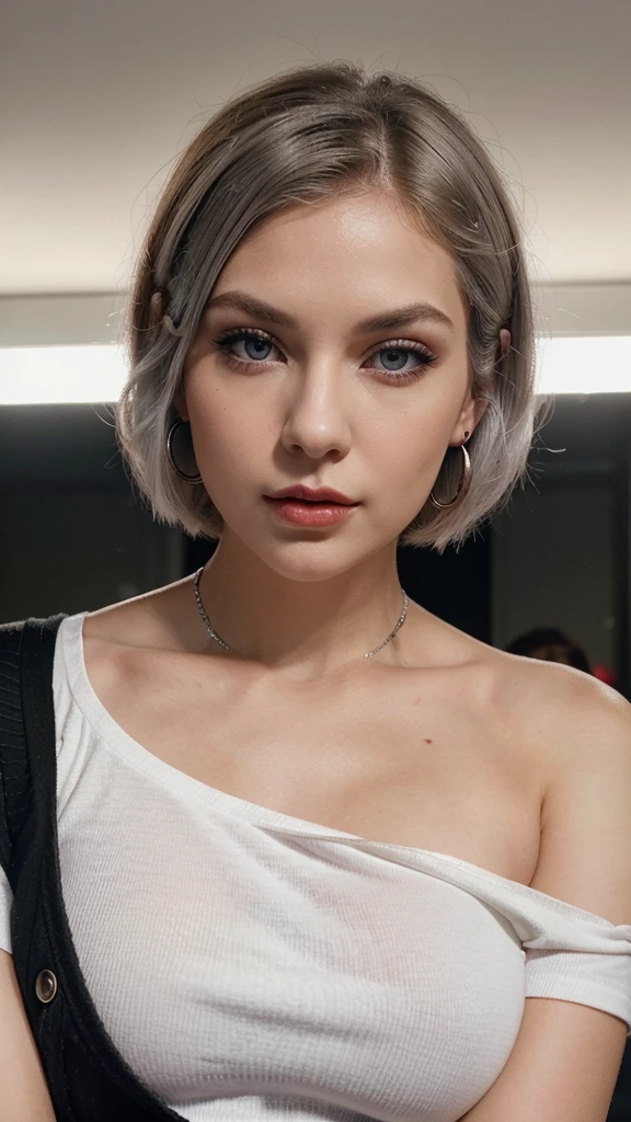Create an image of a 25-year-old woman with a defiant attitude. She has short, bob-cut silver hair and striking blue eyes. She wears round-framed sunglasses and exudes a confident, almost rebellious aura. Her outfit consists of a white off-shoulder shirt that contrasts sharply with her black mini-skirt. Her makeup is bold, with red eyeshadow accentuating her eyes, a touch of pale red blush on her cheeks, and striking rouge lipstick on her lips. She sports small, round silver earrings. Ensure her stance and expression convey a sense of unapologetic confidence, as if she’s ready to challenge anyone who crosses her path. She should appear self-assured, with a slight smirk and a piercing gaze that suggests she’s not easily intimidated. Her overall look should be chic yet edgy, embodying a strong, modern woman who is unafraid to stand out and assert herself.

This prompt captures the physical description and adds the attitude you specified, providing clear details for an AI image generator to work from.