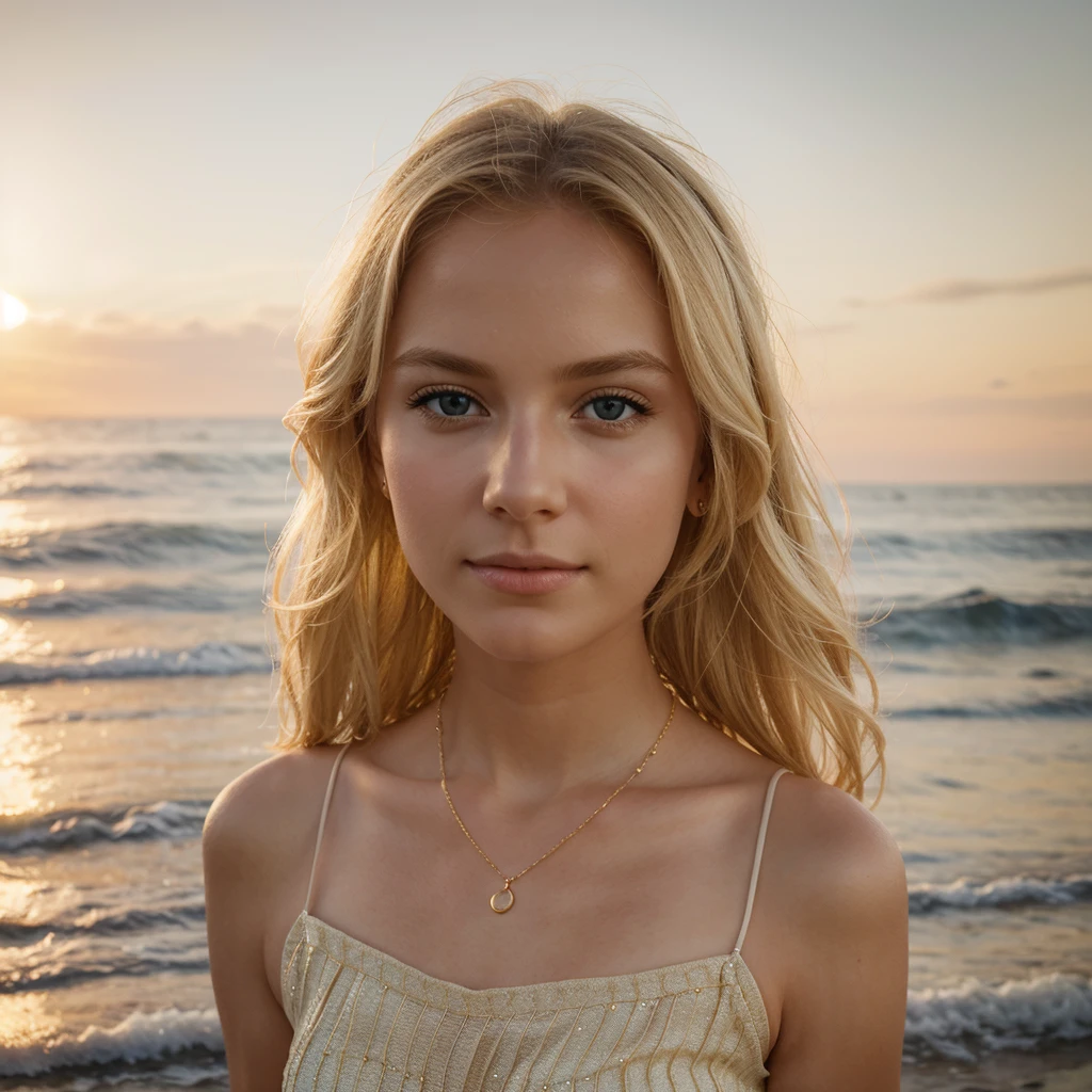 a beautiful blond girl on the beach, delicate dainty small finely chain necklace, detailed face, ocean waves, soft natural lighting, golden hour, serene peaceful atmosphere, photorealistic, 8k, highly detailed 