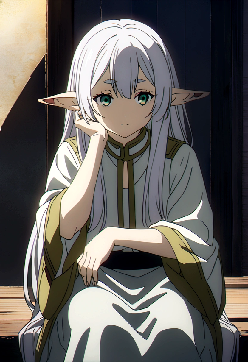 A detailed and expressive illustration of Frieren from the anime 'Frieren: Beyond Journey's End.' She is sitting in a relaxed pose similar to the provided image, with her head resting on her hands, looking directly at the camera. Her long silver hair flows down, and she has her iconic elf ears and green eyes. She is wearing her usual attire with intricate details. The background is a solid color that contrasts well with her light hair and outfit, such as a deep blue or black, to facilitate easy recutting. The lighting is soft and natural, emphasizing her serene expression and the details in her clothing and hair.