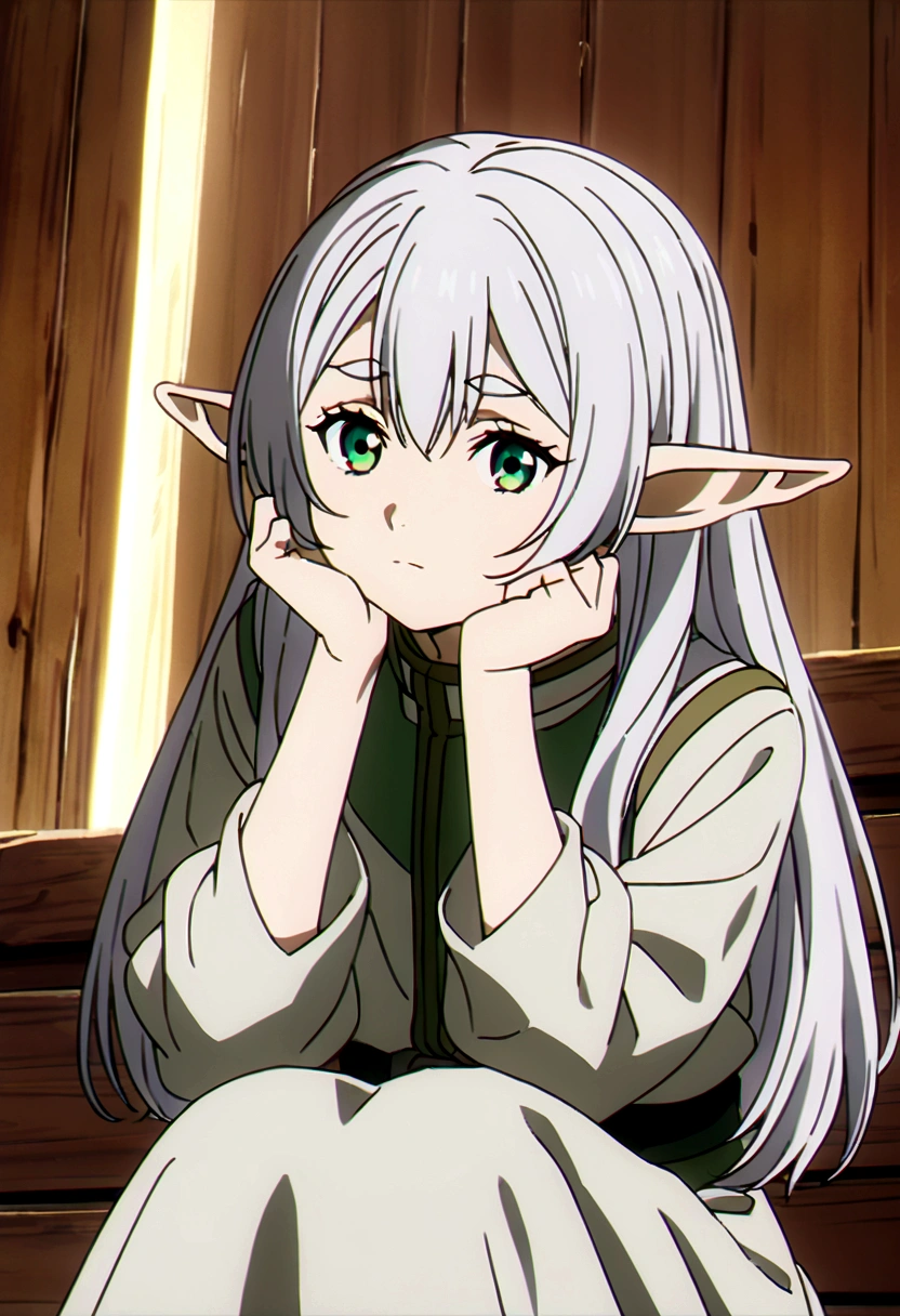 A detailed and expressive illustration of Frieren from the anime 'Frieren: Beyond Journey's End.' She is sitting in a relaxed pose similar to the provided image, with her head resting on her hands, looking directly at the camera. Her long silver hair flows down, and she has her iconic elf ears and green eyes. She is wearing her usual attire with intricate details. The background is a solid color that contrasts well with her light hair and outfit, such as a deep blue or black, to facilitate easy recutting. The lighting is soft and natural, emphasizing her serene expression and the details in her clothing and hair.
