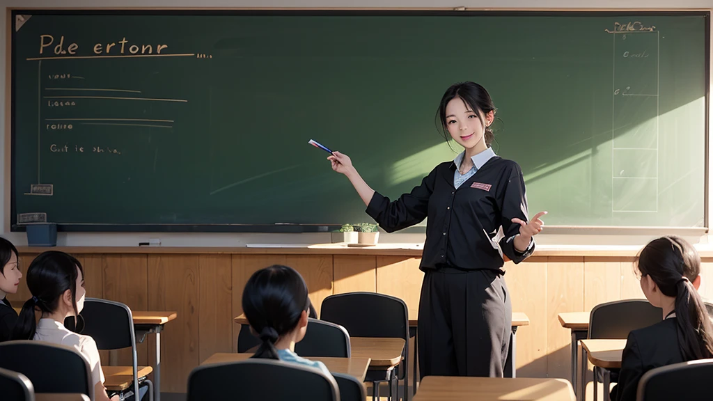 1. The teacher stands at the podium and gives a lecture to the students,Distinct facial features,classroom,blackboard,Happy Teacher's Day,Fresh flowers,Cinema Lighting,masterpiece,,Depth of written boundary, Lens flare brilliance,8k, RAW Photos, Sports Late, Highest quality, Ultra-high resolution, Realistically,Ultra-high resolution,HD CG unified 8k wallpapers,Physically Based Rendering,