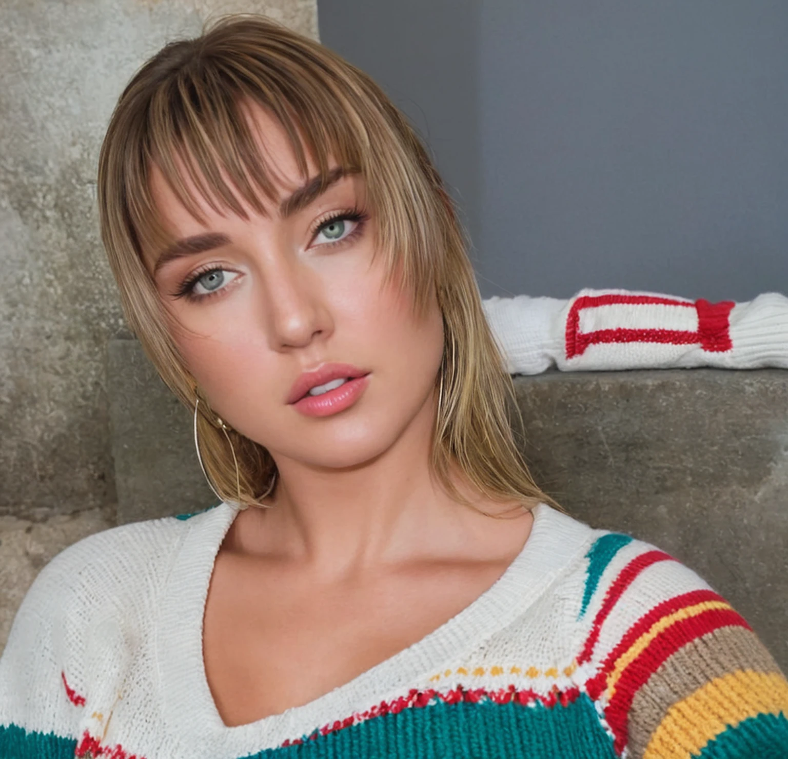 blond woman with  a colorful sweater posing for a picture, ana de armas portrait.