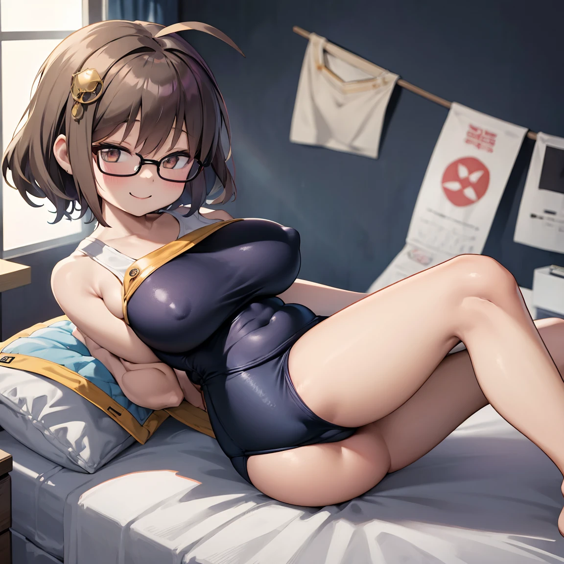 8k、masterpiece、Japanese、Woman wearing glasses、anise、from the front、smile、Childish、Big Breasts、Sheer School Swimsuit、night、Bedroom、Move the cloth between your legs to show