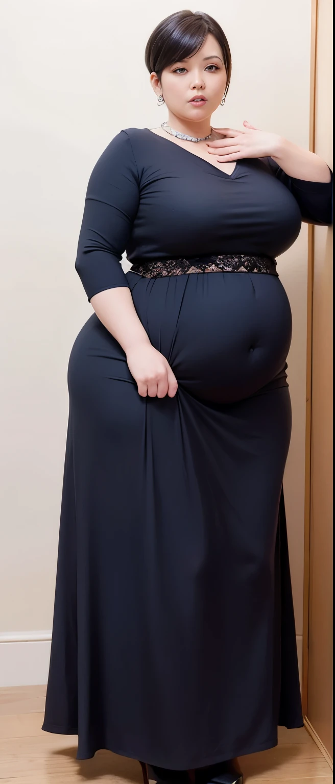 Chubby woman with chubby belly and tight thighs, full body, 50-year-old mature woman, thick hips, thick neck, thick chest, big eyes, wearing a longest dress, wavy short hair, Height 170 cm , full body 