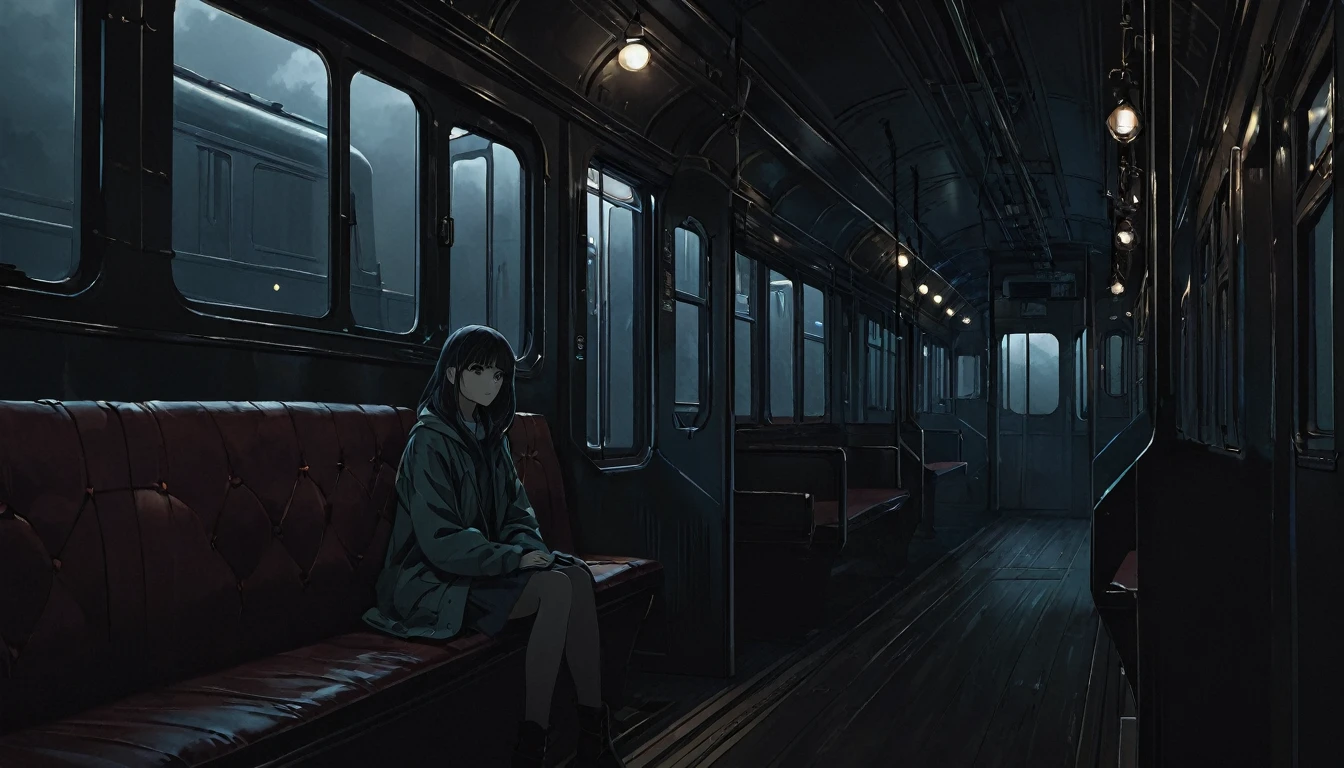 High definition animation. A girl sits inside a dark old train and looks forlornly out her window. It's dark outside the train.