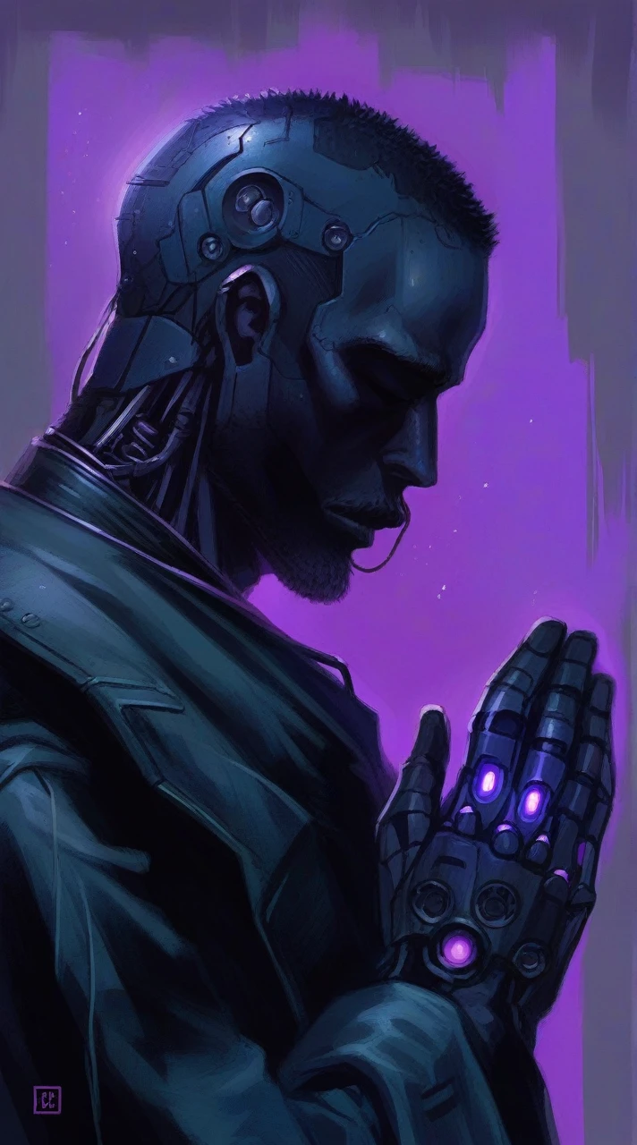 The image presents a striking and detailed portrayal of a man with a cybernetic appearance, depicted in a profile view with his hands clasped together in a gesture that suggests prayer or contemplation, blending the organic and mechanical seamlessly in a visually compelling manner. His head is adorned with intricate cybernetic implants, including visible circuits, gears, and metallic components, especially prominent on the side of his head, where a large circular mechanism and several smaller interconnected parts are integrated into his scalp and around his ear. The man's skin appears to have a smooth, dark complexion, contrasting sharply with the metallic and technological elements embedded within and around it, creating a visually arresting juxtaposition. His eyes are closed, contributing to the serene and introspective atmosphere of the scene, while his facial expression remains calm and composed, further enhanced by the shadowed, dimly lit environment. His attire includes a dark, possibly leather jacket that adds to the futuristic and somewhat dystopian aesthetic, its surface reflecting subtle hues of purple and blue light that emanate from the background and his own cybernetic components. The gloves he wears are particularly noteworthy, featuring advanced technological designs, with intricate details like illuminated sections and complex machinery, suggesting they are not mere clothing but functional extensions of his body. The background is awash with a vivid, glowing purple hue that enhances the cyberpunk theme of the image, with abstract patterns and light effects creating a sense of depth and atmosphere, reinforcing the futuristic and otherworldly setting. Overall, the image is a highly detailed and imaginative depiction of a cybernetically enhanced individual, capturing a moment of quiet introspection within a vividly rendered, technologically advanced world.