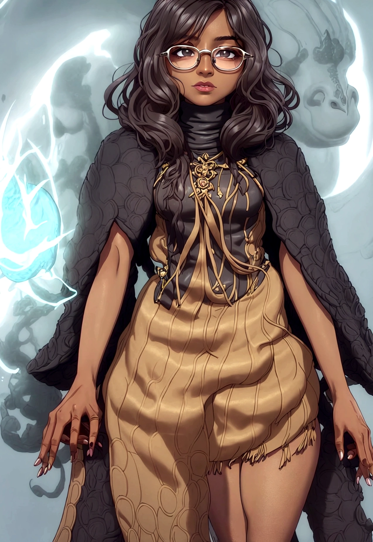 Solo, female, turtleneck tunic, cloak, fantasy outfit, fantasy village, short hair, wavy hair, messy hair, ((dark tan skin)), glasses, cleric, cropped jacket, athletic, slightmuscle