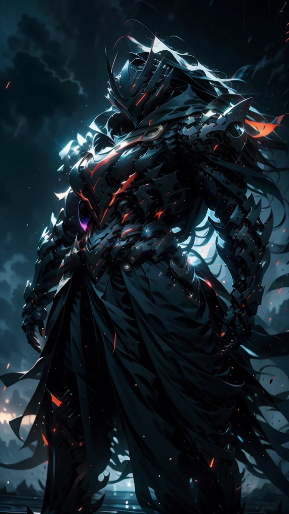 A fierce warrior in full white armor, wearing a large black circle symbol on his chest, wielding a big sword, dynamic battle-ready pose, highly detailed armor textures, sharp sword, dramatic stormy sky background, vivid colors, masterpiece, 8k, photorealistic, chiaroscuro lighting, strong contrast, cinematic composition