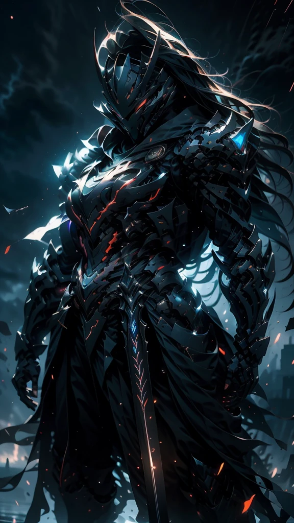 A fierce warrior in full white armor, wearing a large black circle symbol on his chest, wielding a big sword, dynamic battle-ready pose, highly detailed armor textures, sharp sword, dramatic stormy sky background, vivid colors, masterpiece, 8k, photorealistic, chiaroscuro lighting, strong contrast, cinematic composition