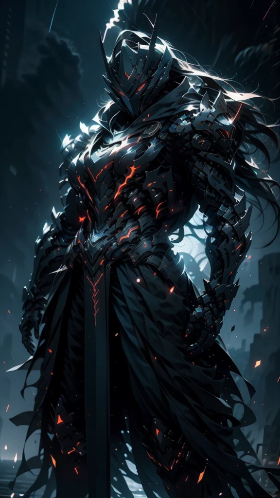 A fierce warrior in full white armor, wearing a large black circle symbol on his chest, wielding a big sword, dynamic battle-ready pose, highly detailed armor textures, sharp sword, dramatic stormy sky background, vivid colors, masterpiece, 8k, photorealistic, chiaroscuro lighting, strong contrast, cinematic composition