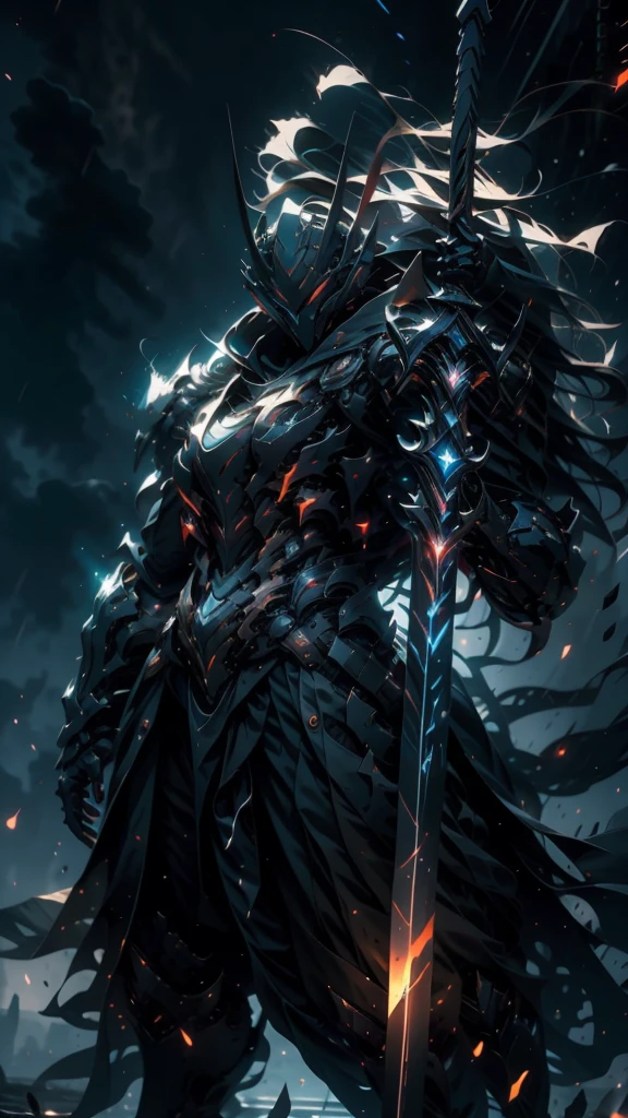 A fierce warrior in full white armor, wearing a large black circle symbol on his chest, wielding a big sword, dynamic battle-ready pose, highly detailed armor textures, sharp sword, dramatic stormy sky background, vivid colors, masterpiece, 8k, photorealistic, chiaroscuro lighting, strong contrast, cinematic composition
