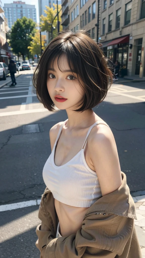 ((Best quality, 8k, Masterpiece: 1.3)), Contour: 1.2, Perfect body beauty: 1.4, Butt: 1.2, ((layered haircut, Round chest: 1.5) ), (sunny, Street: 1.3), black coat: 1.1, Highly detailed face and skin texture, Beautiful eyes, Double eyelids, White skin, Long hair, (Silent: 1.3), Full close ,Ultra HD,8K, from behind, wearing a long black coat