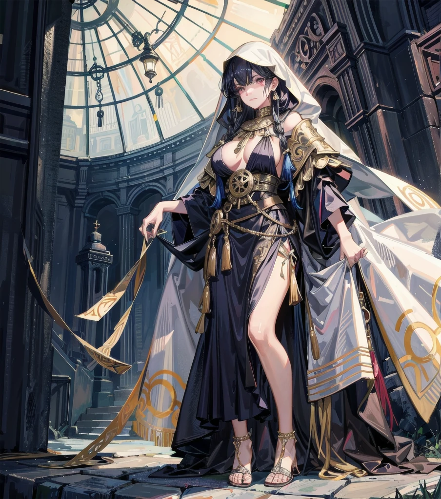 medium hair, big tits, tearful mole, earring, full body, fortune teller robes, in gipsy tent, skirt, face veil, robe, cloak,