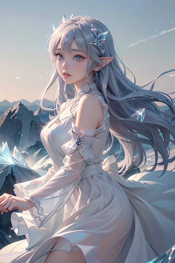 (masterpiece、Highest品質、Highest、Official Art、Beautiful and aesthetic、Long Exposure:1.2)、Smooth movement、Attractive patterns、One Girl、(Long dress with sleeves:1.3)、(((White clothes)))、Upper body close-up、Exposing shoulders、Korean Girls、blush、Pink twin tail hair、Portraiture、solo、Upper body、Looking at the observer、Detailed Background、Detailed face、(Crystallized AI、Crystal Theme:1.1)、Elemental Wind Elf、回転Wind、 Wind、White crystal clothes、Dynamic pose、Suspended particles、Aether Dynamics、旋Wind、vapor、背景に旋Wind、White Tone、旋Wind、Ethereal atmosphere、