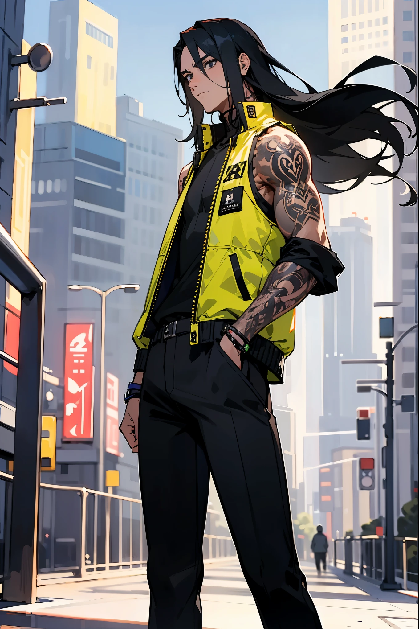 1male, black long hair, expressionless, sleeveless jacket, black pants, arm tattoos, city background, detailed background, hands to side, standing on path